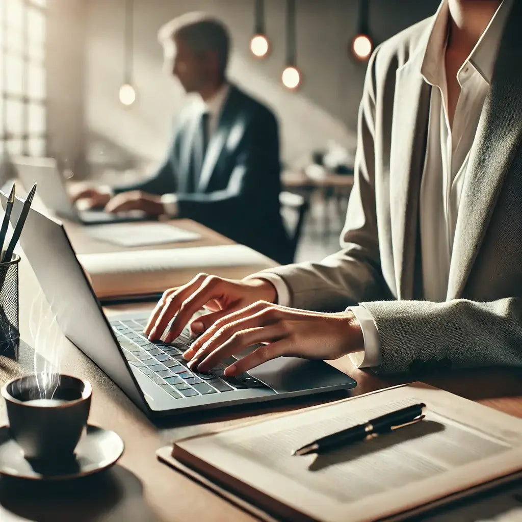 Professional working on a laptop in a modern office setting with coffee and documents on the table.
